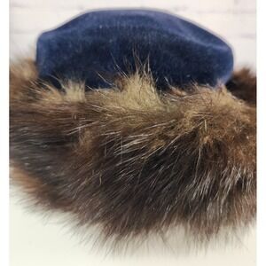 1930-40'S Vintage Aurore Mink Fur Trimmed Velvet Blue Hat Made In France